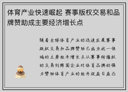 体育产业快速崛起 赛事版权交易和品牌赞助成主要经济增长点