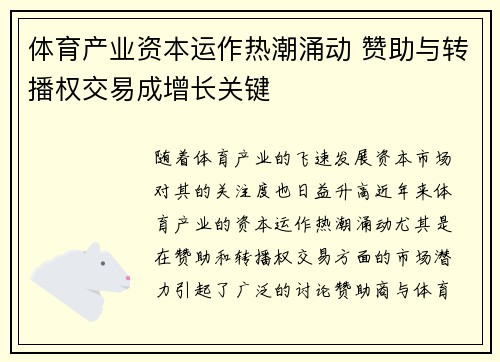 体育产业资本运作热潮涌动 赞助与转播权交易成增长关键